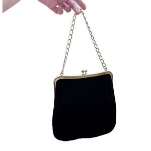 Vintage Black Velvet Kisslock Purse Evening Bag Chain Strap Clutch Formal